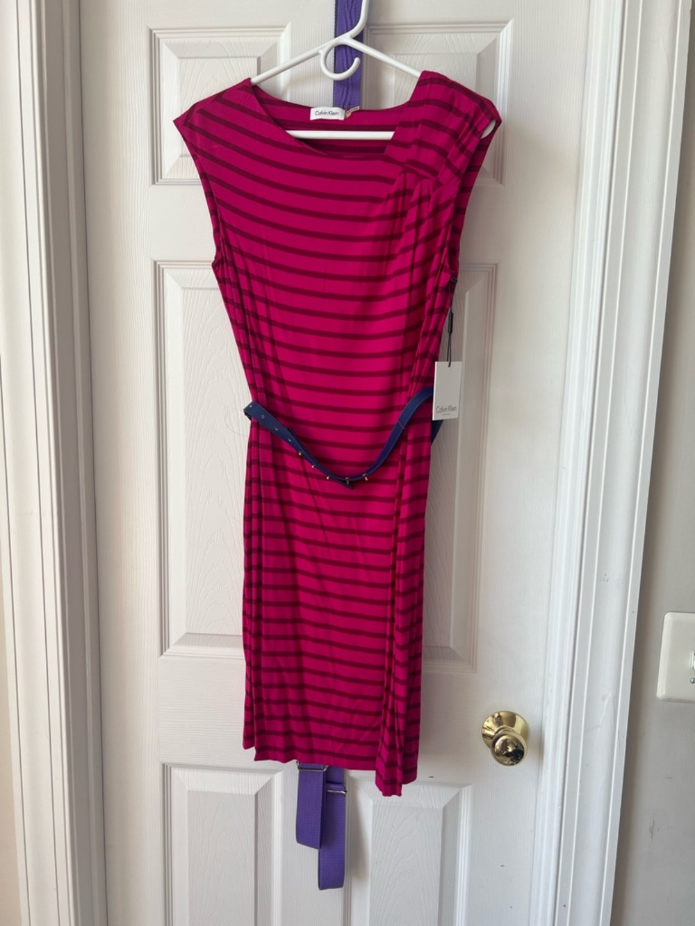 Calvin Klein Hot Pink / Fuchsia Striped Midi Sheath Dress